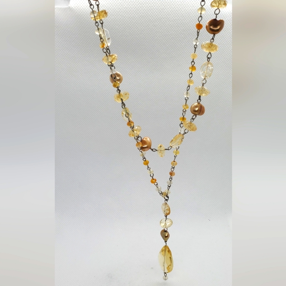 Necklace - Citrine beads and pearls - double layer.
